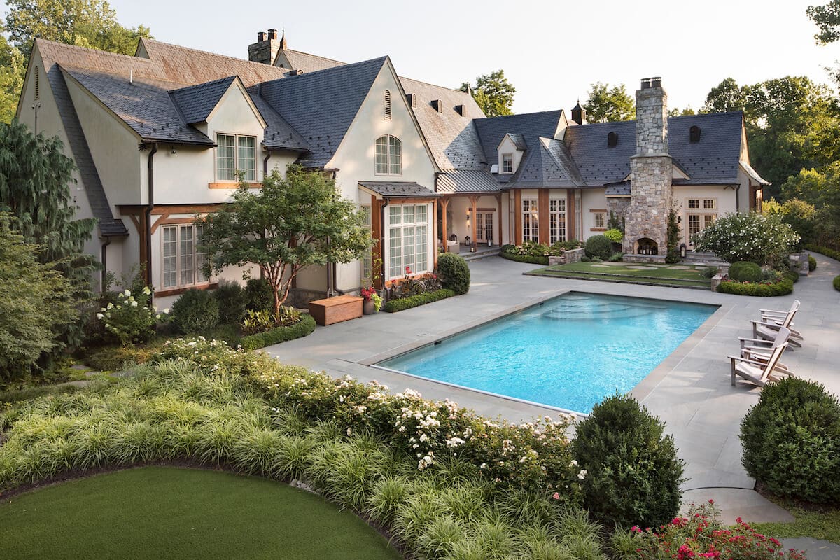 rectangular swimming pool and landscaping